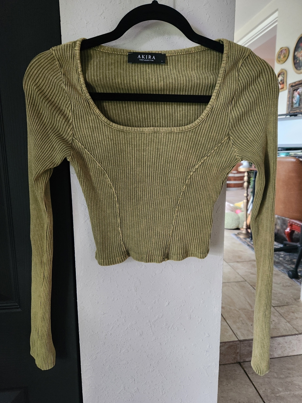 AKIRA Olive Ribbed Knit Crop Long Sleeve Sexy Top